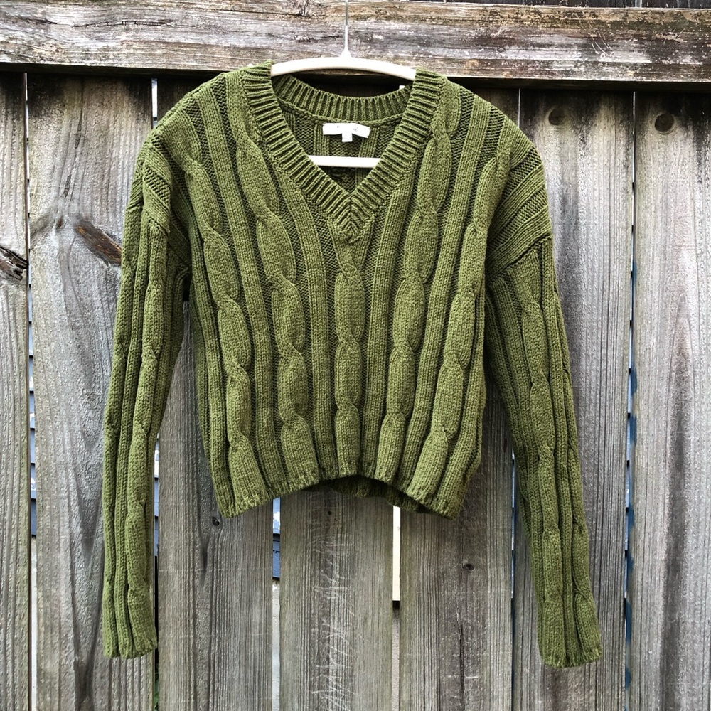 Madewell Cable Knit V-Neck Cropped Sweater Loden Green Size XS NM613